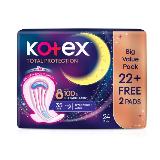 Kotex Total Protection Overnight Wing Pad 35cm (24s) – 100% leak-proof protection for worry-free sleep.