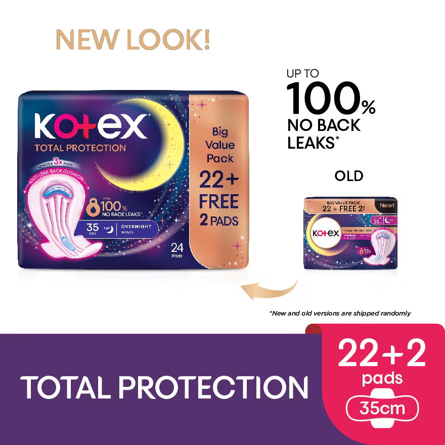 Kotex Total Protection Overnight Wing Pad 35cm (24s) – 100% leak-proof protection for worry-free sleep.