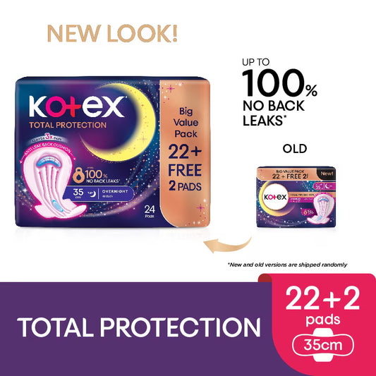 Kotex Total Protection Overnight Wing Pad 35cm (24s) – 100% leak-proof protection for worry-free sleep.