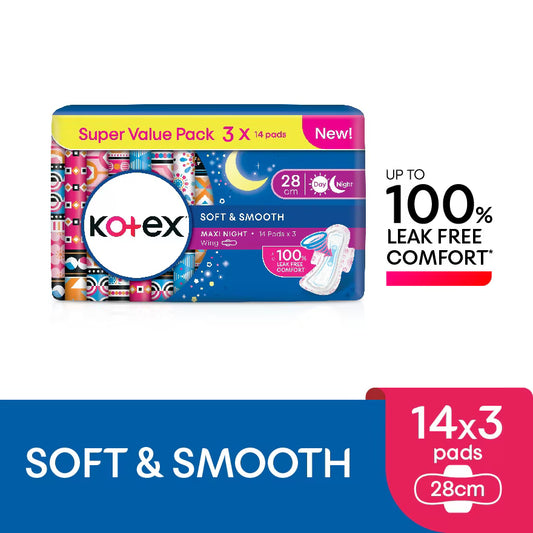 Kotex Soft & Smooth Overnight Wing Pad 28cm (14s x 3 Packs) - 100% Leak Free Comfort